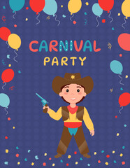 Carnival party poster with a boy dressed in a cowboy costume with a gun in his hand.