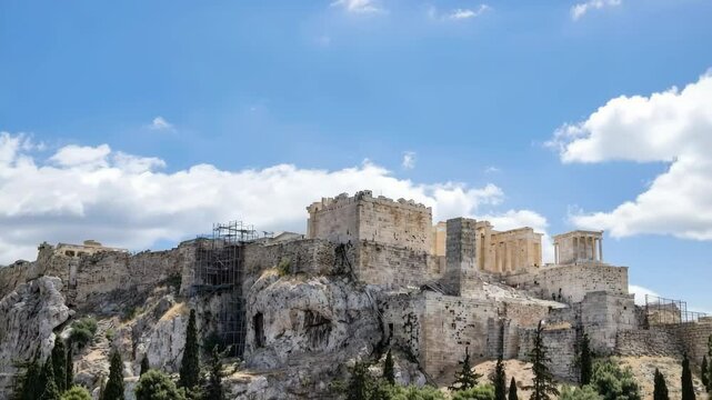 Ancient Greek temple ruins, marble stone buildings on a hill, archaeological site, blue cloudy sky