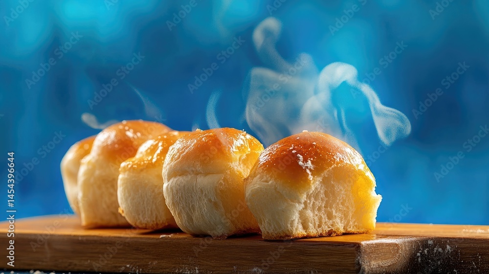 Poster Golden brown mini breads steaming slightly, positioned up close with a vivid blue textured backdrop adding inviting contrast and charm