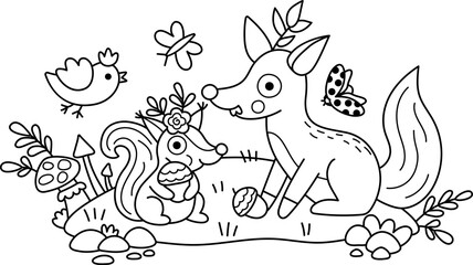 Vector black and white scene with fairytale animals on meadow. Line composition with squirrel, fox, bird. Cute scenery with magic creatures with acorns. Fantasy illustration, coloring page