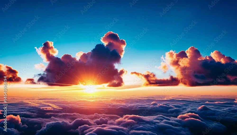 Poster Golden rays burst forth from behind fluffy clouds, illuminating the sky with vibrant colors as the sun dips below the horizon, crafting a stunning twilight canvas Generative AI