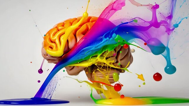 A human brain with the left side realistic and the right side exploding into vibrant paint splashes and colorful geometric shapes, symbolizing creativity and imagination.