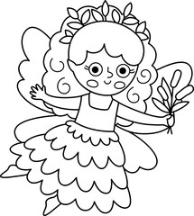 Vector black and white swamp fairy icon. Cute little girl with wings. Woodland princess line clipart. Fantasy forest fay illustration, coloring page. Magic fairytale creature in fish scale dress