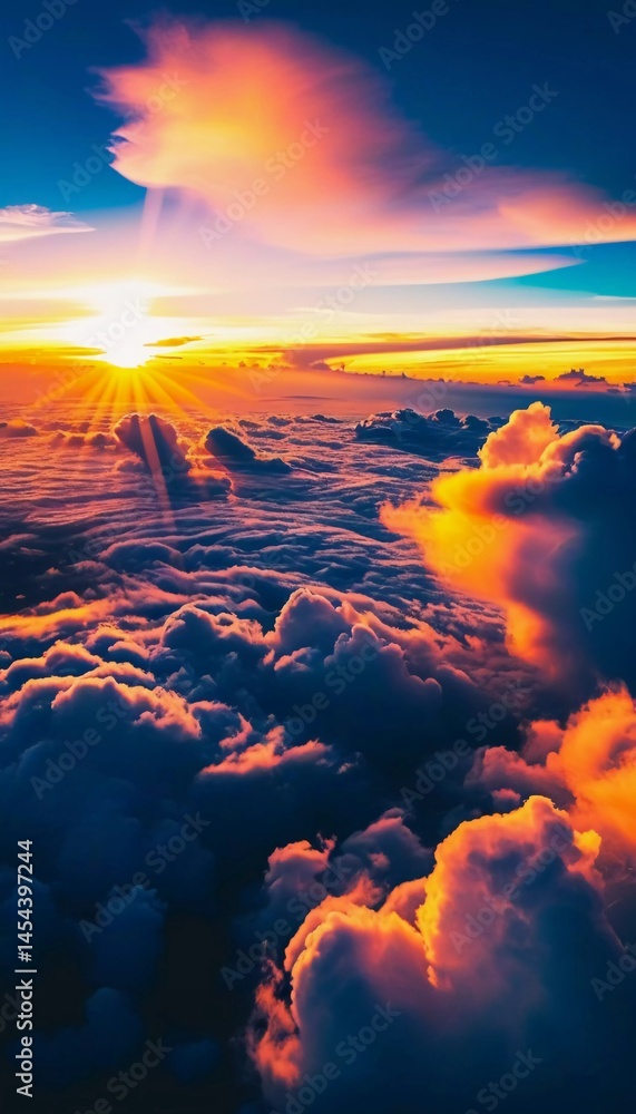 Poster Golden rays of sunlight break through the soft clouds, casting a warm glow across the sky at dawn. The peaceful moment captures the beauty of a new day beginning Generative AI
