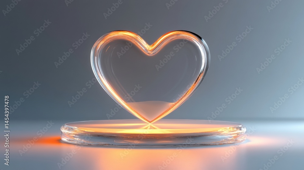 Poster a transparent heart-shaped empty podium on a light gray background, with a soft glow emanating from 