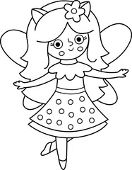 Vector black and white animal fairy icon. Cute little girl with wings. Woodland princess line clipart. Fantasy forest fay illustration, coloring page. Magic fairytale creature with deer ears