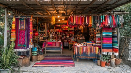 Vibrant textiles and crafts showcased in a charming marketplace display