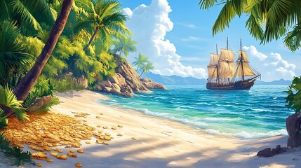 Golden Age of Sail: Tropical Beach Scene with Galleon and Scattered Coins