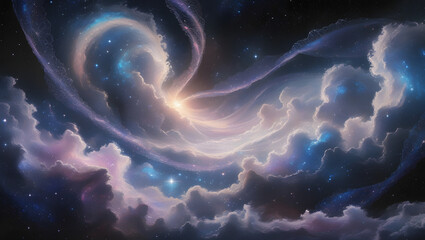 A breathtaking, surreal depiction of the universe's dawn, as ethereal, whispering gods bring forth stars, imbuing the cosmos with an otherworldly glow, as swirling clouds of iridescent particles coale