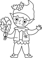 Vector black and white elf icon. Magic fay creature line clipart. Cute fairytale character. Woodland fantasy boy with bouquet of leaves. Forest fairy tale illustration, coloring page