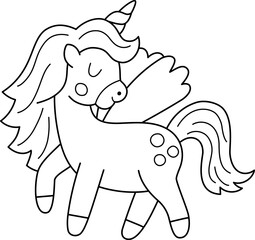 Vector black and white unicorn icon. Magic creature line clipart. Cute fairytale character. Woodland fantasy animal with horn and wings. Forest fairy tale illustration, coloring page