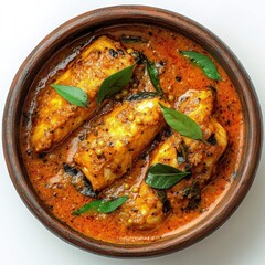 Delicious Kerala Style Fish Curry served in a Rustic Clay Pot Bowl