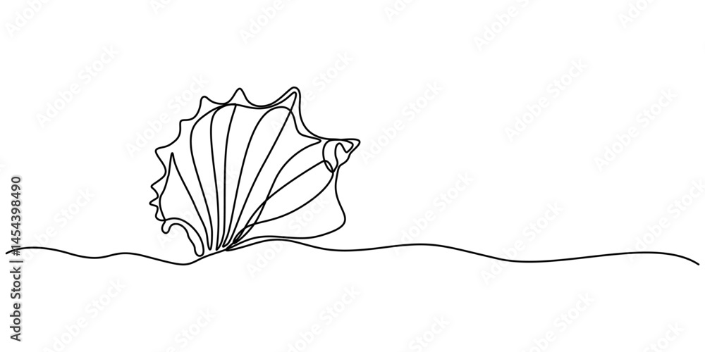 Poster Continuous one line drawing of open oyster shell with pearl, Continuous one line drawing of sea shell. Seashell symbol. Spa beauty and wellness salon banner in simple linear style. Vector illustration