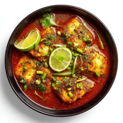 Delicious looking Indian fish curry with lime and cilantro garnish served in bowl