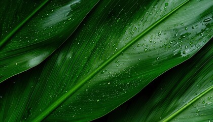 Lush green leaves with water droplets
