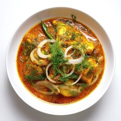 Delicious looking Indian Fish Curry with Onions and Fresh Dill in Bowl