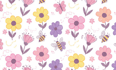 Seamless floral pattern with butterfly and flower. Black insect butterfly bee dragonfly bug silhouette on white bg. Vector vintage abstract background design. 