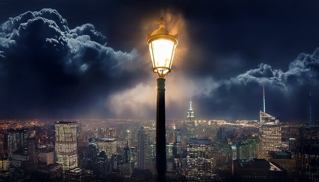 surreal cityscape black clouds a streetlamp s double exposure paints a dark nighttime fantasy
