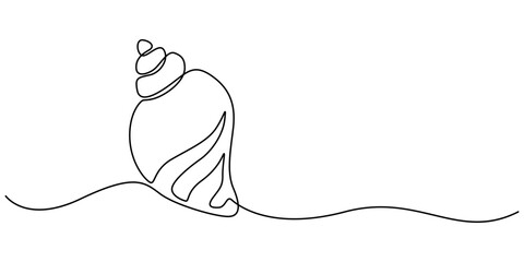 Continuous one line drawing of open oyster shell with pearl, Continuous one line drawing of sea shell. Seashell symbol. Spa beauty and wellness salon banner in simple linear style. Vector illustration