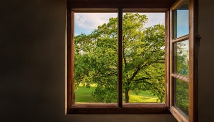Fototapeta premium a rustic window frame shows a vibrant green tree inviting nature inside and creating a serene atmosphere