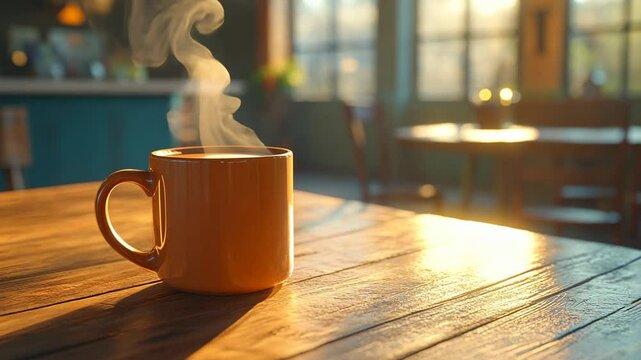 Cozy coffee moment in sunlit caf with steaming mug on wooden table