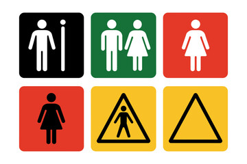 Restroom signs gender neutral and warning symbols