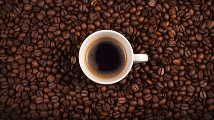 Fototapeta premium A cup of coffee with a white mug and black coffee beans in the background.
