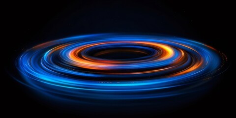 暗い背景にオレンジと青の光る渦巻く光の抽象的なデザインの画像