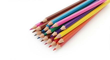 Fototapeta premium A group of colored pencils arranged on a white surface in a close up shot