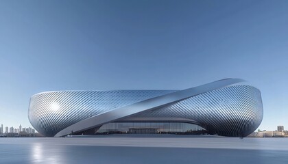 未来的な金属建築物 青空の下のモダンなデザインの建物 外観詳細 幾何学的な形状と反射面