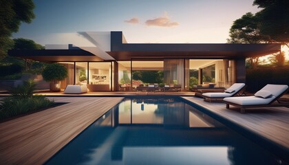 Fototapeta premium breathtaking ambiance elegantly composed home with a mesmerizing pool view generative ai