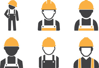 Minimal worker icons show diverse construction and engineering safety with orange hardhats for protection