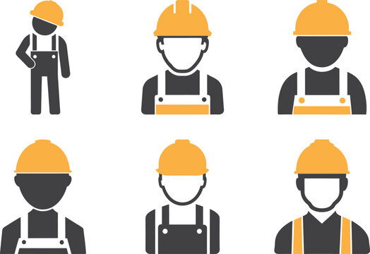 Minimal worker icons show diverse construction and engineering safety with orange hardhats for protection