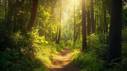 Obraz premium Sunlit forest path creating a scene of tranquility and natural beauty