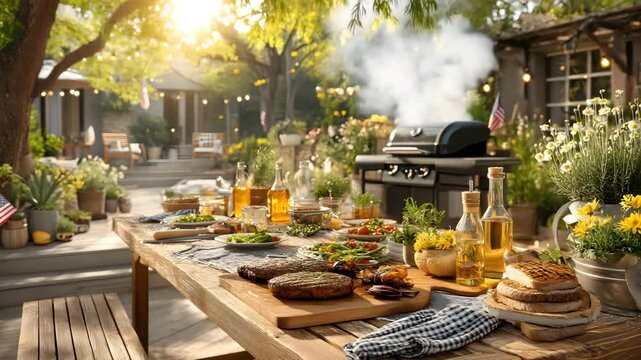 Independence Day Backyard Table Patriotic backyard BBQ party setup with fresh food and drinks, sunny backyard BBQ party with grilled steaks and herbs, relaxing afternoon backyard BBQ party celebration