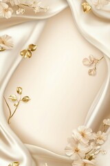 Ivory silk background with golden floral details and soft satin folds