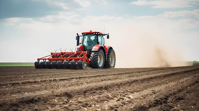 A red tractor with a red plow driving across a field, leaving a trail of dust behind it.