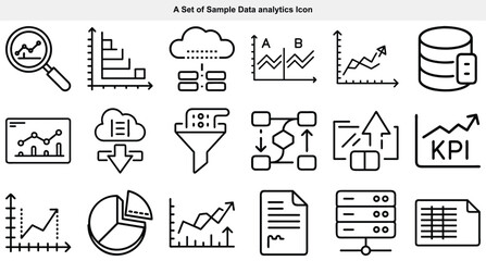 Outlined data analytics icons showcase reports, graphs, cloud computing, and key performance indicators in simple black lines