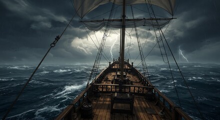 Ship in Storm with Lightning Over Ocean