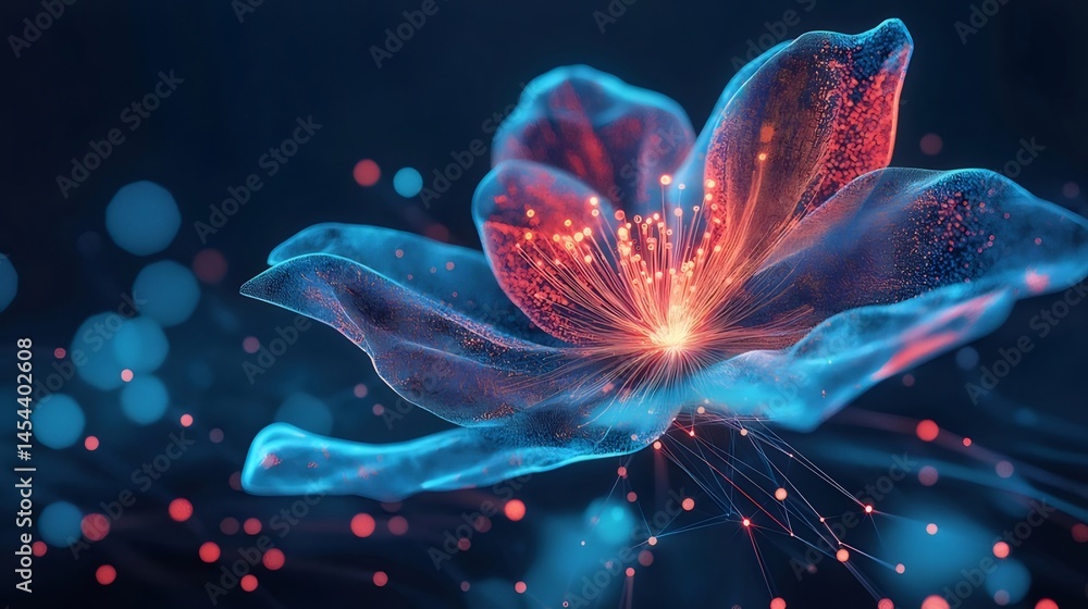 Poster 青と赤の光で輝く抽象的な花のデジタルアート背景に光る粒子が幻想的なデザイン