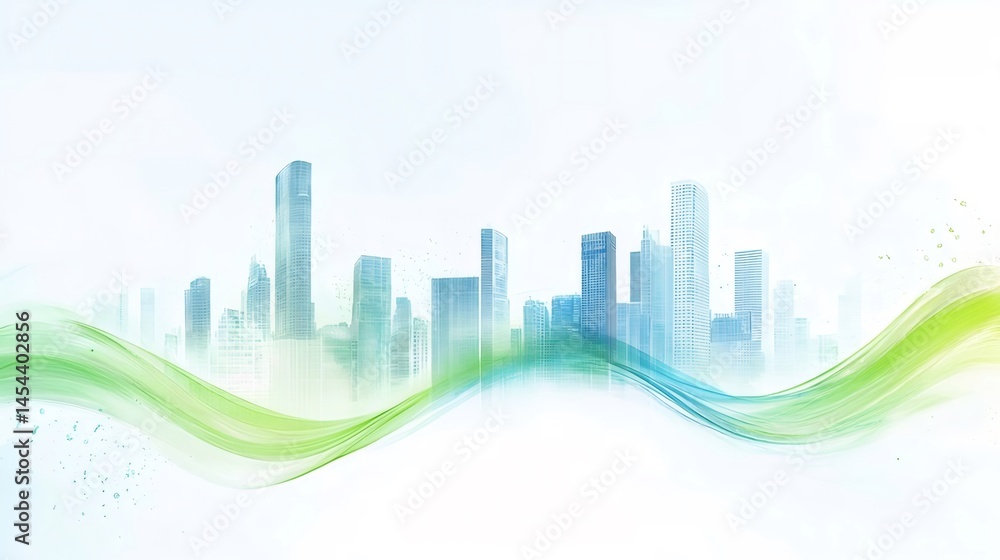 Poster 抽象的な都市景観の青と緑の波状背景 未来的な都市デザインと透明感のある高層ビル