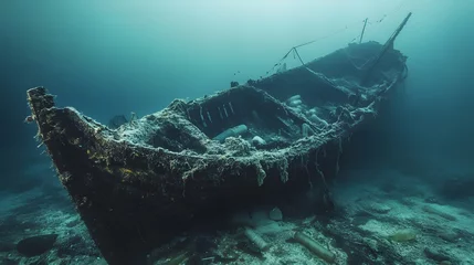 Fototapete Rund Sunken vessel, decaying hull, underwater.  Corroded wooden ship, submerged in murky depths.  Marine growth clings to weathered wood © doaibu