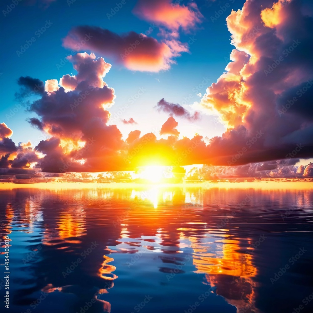 Aufkleber A stunning display of radiant sun rays bursts through colorful clouds at dusk, casting vibrant reflections on calm waters, creating a serene and magical atmosphere Generative AI