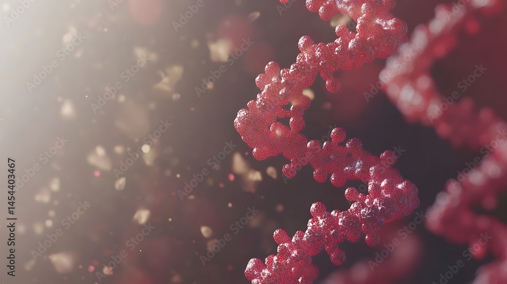 Poster close-up view of a vibrant, swirling dna helix with sparkling particles in a soft-focus background