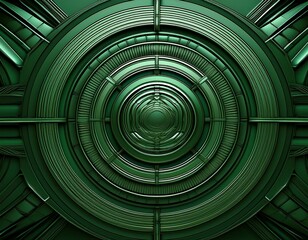 abstract geometric metallic structure with repetitive 3d patterns and futuristic circular design in a dark green background