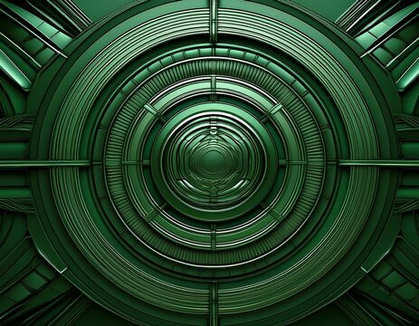 abstract geometric metallic structure with repetitive 3d patterns and futuristic circular design in a dark green background