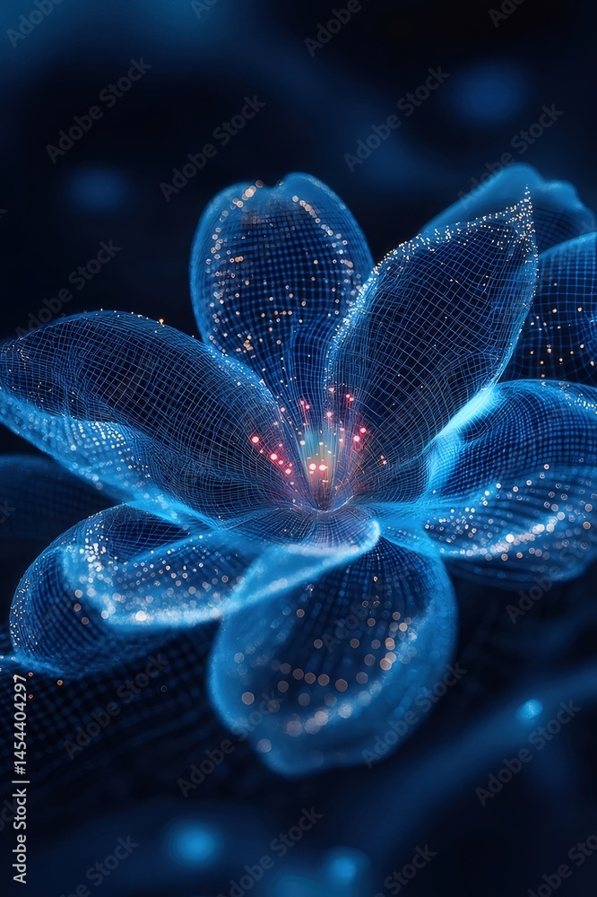 Poster 抽象的な青い輝くデジタルフラワーの3dレンダリング 深い青色の背景に浮かぶ花びらの詳細なビジュアル