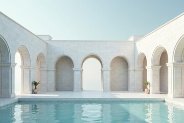 Fototapeta premium Serene Oasis Architectural marvel featuring a tranquil swimming pool nestled within a pristine white colonnaded courtyard, bathed in soft sunlight.