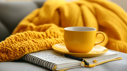 Aesthetic yellow toned composition featuring coffee and cozy leisure essentials