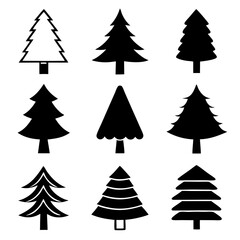 Set of 9 Pine Tree Silhouettes ,Stylized Evergreen Tree
